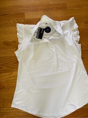 Soneven White Ruffle Sleeve Polo Top
